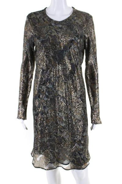 Isabel Marant Womens Long Sleeve Metallic Printed Sheath Dress Gray Silk FR 42