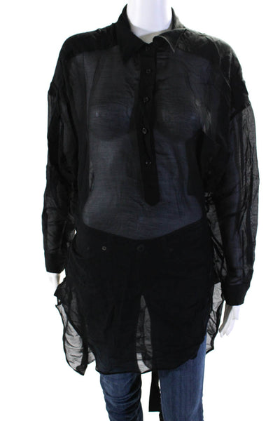 Jenni Kayne Womens Collared 3/4 Sleeve Button Up Tunic Top Blouse Black Size M