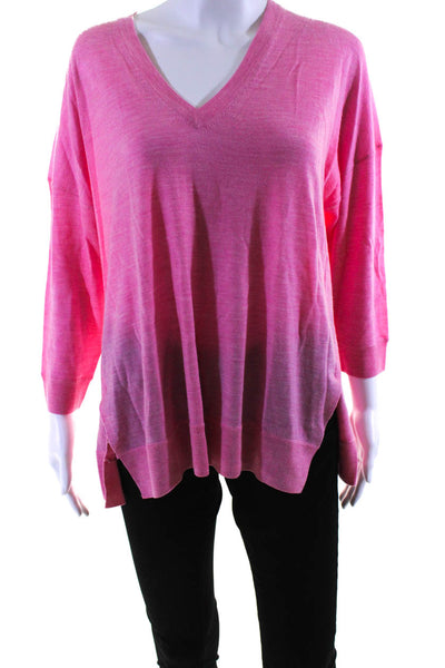 J Crew Womens Merino Wool Split Hem 3/4 Sleeve V-Neck Knit Top Light Pink Size M