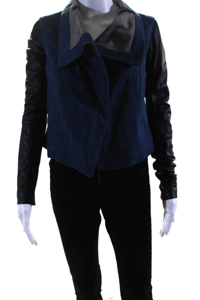 Veda Women's Open Front Leather Trim Long Sleeves Jacket Blue Black Size P