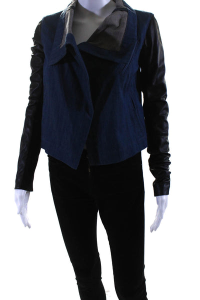 Veda Women's Open Front Leather Trim Long Sleeves Jacket Blue Black Size P