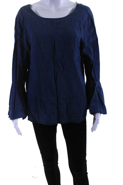 Halston Womens Round Neck Cutout Back Long Bell Sleeved Blouse Navy Blue Size M