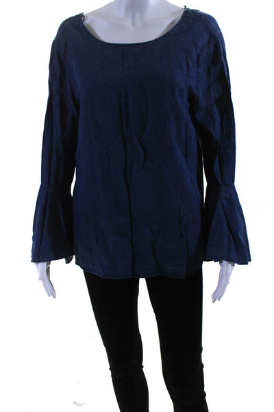 Halston Womens Round Neck Cutout Back Long Bell Sleeved Blouse Navy Blue Size M