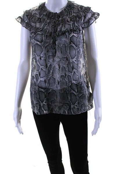 Rebecca Taylor Womens Silk Animal Print Ruffled Blouse Gray Black Size 4