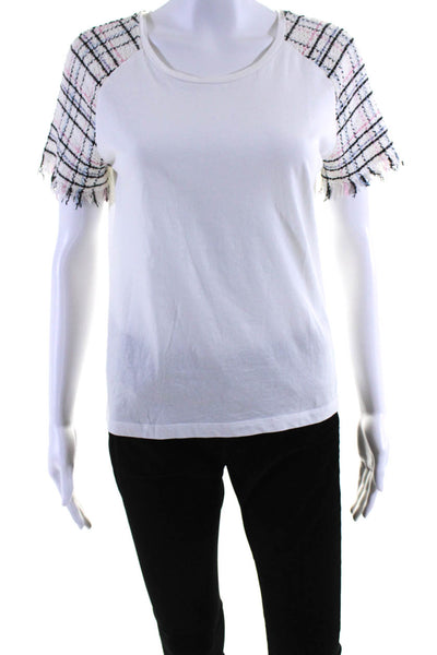 Maje Womens Plaid Tweed Short Sleeves Tee Shirt White Cotton Size 2