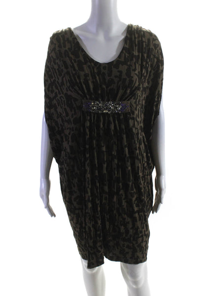 Escada Women's  V-Neck Short Sleeves  Embellish Animal Print Mini Dress Size 36