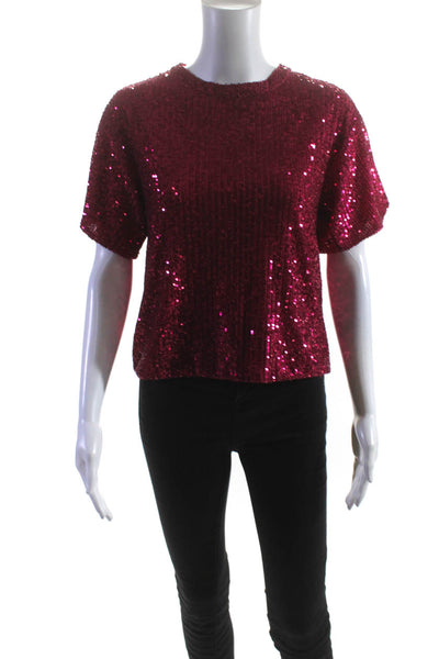 Saylor Womens Sequined Short Sleeves Blouse Magenta Pink Size Extra Small