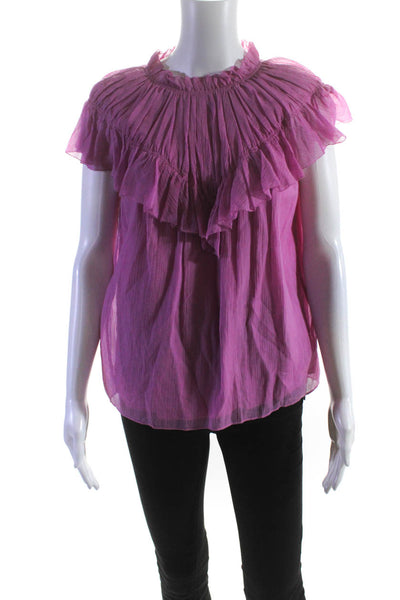 Rebecca Taylor Womens Silk Ruffled Short Sleeves Blouse Pink Size Extra Small