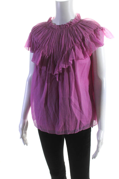 Rebecca Taylor Womens Silk Ruffled Short Sleeves Blouse Pink Size Extra Small