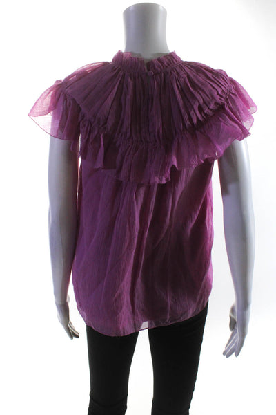 Rebecca Taylor Womens Silk Ruffled Short Sleeves Blouse Pink Size Extra Small