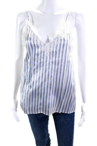 The Koople Women's Silk Lace Trim Striped Camisole Blouse White/Blue Size 2