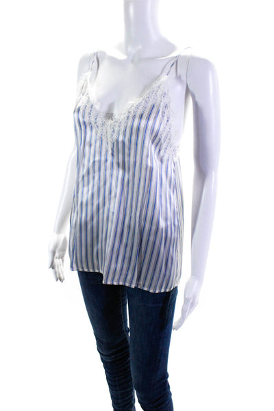 The Koople Women's Silk Lace Trim Striped Camisole Blouse White/Blue Size 2