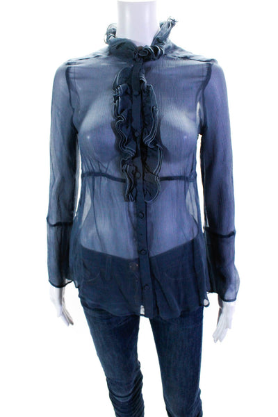 Gold Hawk Women's Silk Long Sleeve Sheer V-Neck Ruffle Blouse Blue Size XS