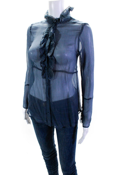 Gold Hawk Women's Silk Long Sleeve Sheer V-Neck Ruffle Blouse Blue Size XS