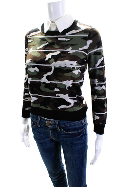 Veronica Beard Women's Collared Long Sleeve Camouflage Knit Top Green Size XS