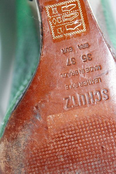 Schutz Women's Snakeskin Print Leather Strappy Peep Toe Wedges Green Size 7