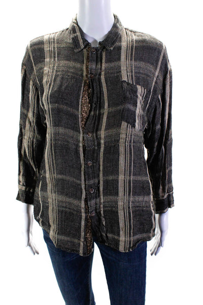 Of Two Minds Womens Linen Metallic Embroidered Plaid Buttoned Top Gray Size S