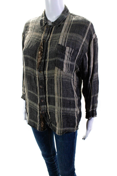 Of Two Minds Womens Linen Metallic Embroidered Plaid Buttoned Top Gray Size S