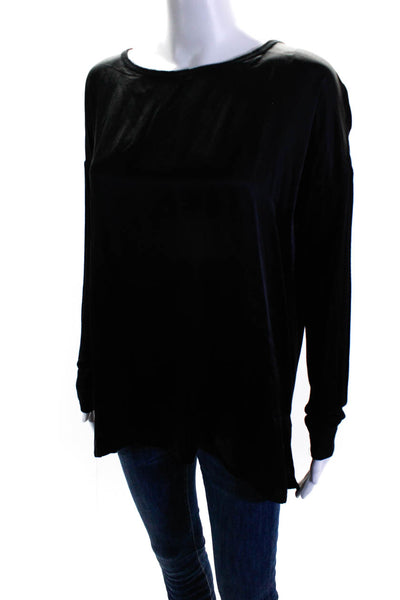 Vince Women's Round Neck Long Sleeves Hi-Lo Hem Silk Tunic  Blouse Black Size M