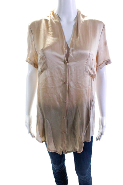 Gold Hawk Women's V-Neck Short Sleeves Pockets Button Down Shirt Beige Size M