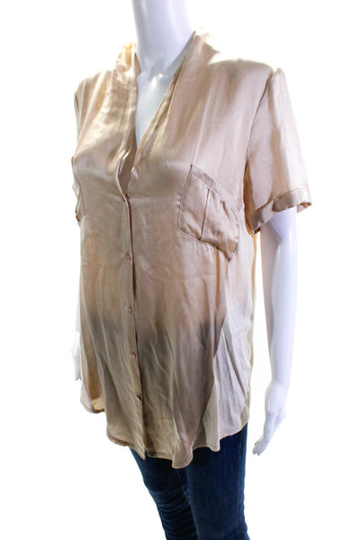 Gold Hawk Women's V-Neck Short Sleeves Pockets Button Down Shirt Beige Size M