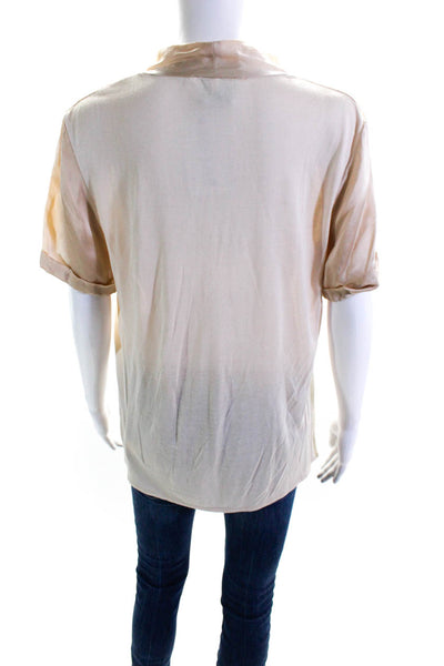 Gold Hawk Women's V-Neck Short Sleeves Pockets Button Down Shirt Beige Size M