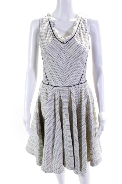 Z Spoke Zac Posen Womens Striped Fringe V Neck A Line Dress Cream Blue Size 4