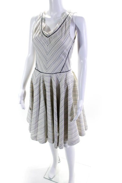 Z Spoke Zac Posen Womens Striped Fringe V Neck A Line Dress Cream Blue Size 4