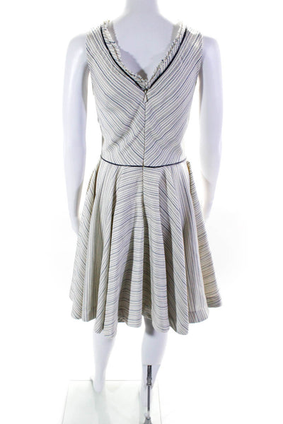 Z Spoke Zac Posen Womens Striped Fringe V Neck A Line Dress Cream Blue Size 4