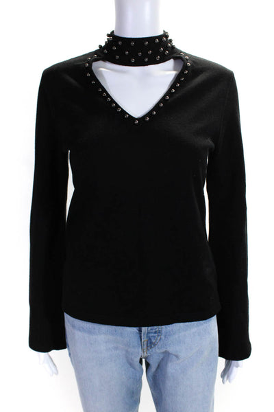 Parker Womens Long Sleeve Beaded Keyhole Sweatshirt Black Size Small