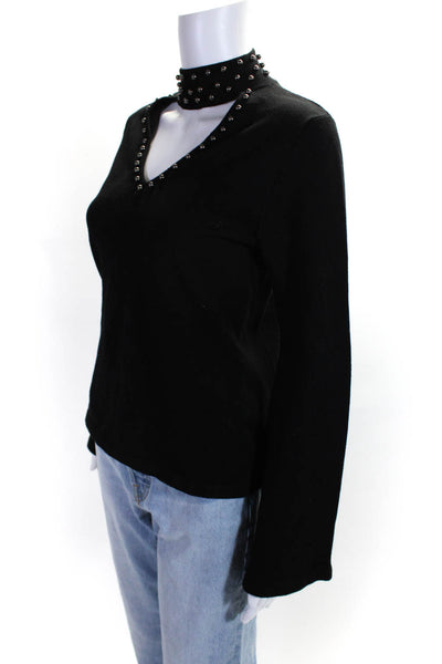 Parker Womens Long Sleeve Beaded Keyhole Sweatshirt Black Size Small