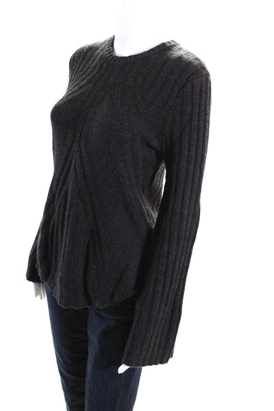 Autumn Cashmere Womens Wide Rib Flare Sleeve Crew Neck Sweater Dark Gray Medium