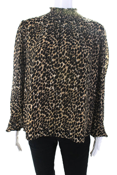 J Crew Womens Long Sleeve Smocked Neckline Leopard Shirt Brown Size Medium