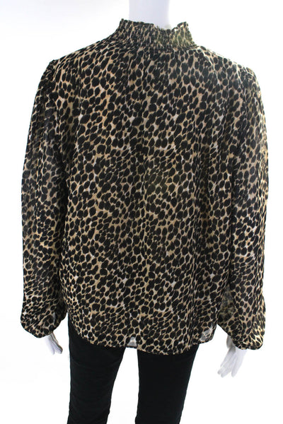 J Crew Womens Long Sleeve Smocked Neckline Leopard Shirt Brown Size Medium