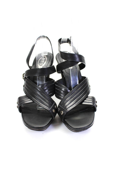 Tods Womens Leather Strappy Slingbacks Sandal Heels Black Size 7.5