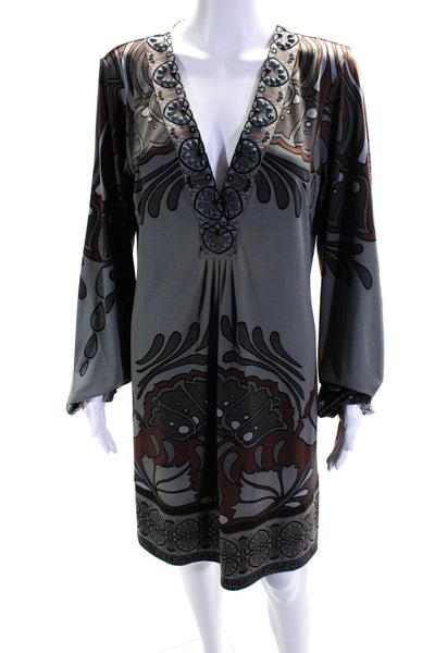 Hale Bob Womens Long Sleeve V-Neck Abstract Print Beaded Shift Dress Gray Size L