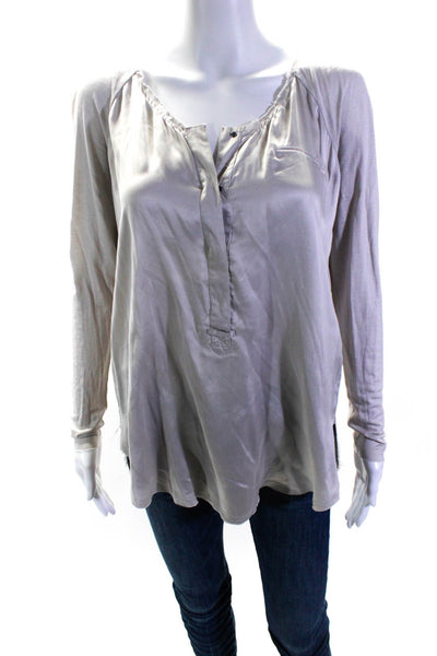 Go Silk Women's Silk Long Sleeve Knit Combo V-Neck Raw Trim Blouse Taupe Size S