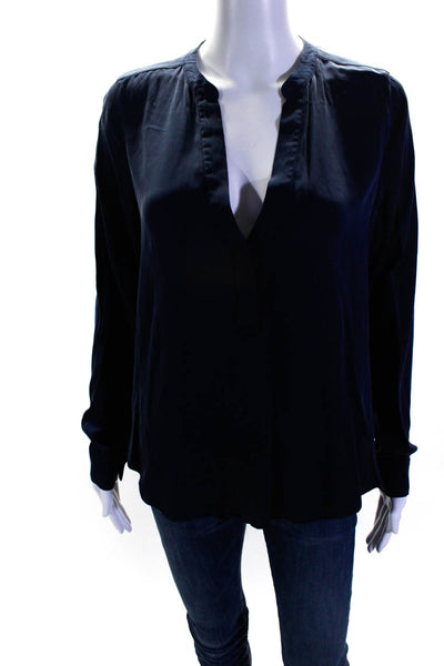 Vince Women's Silk Long Sleeve V-Neck High Low Blouse Blue Size 8