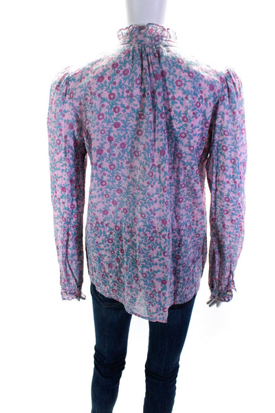 Banjanan Womens Button Front Long Sleeve Floral Shirt Pink Blue Size Medium