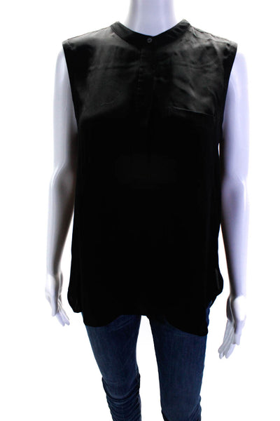 Vince Womens Sleeveless Crew Neck Half Button Boxy Silk Top Black Size Medium