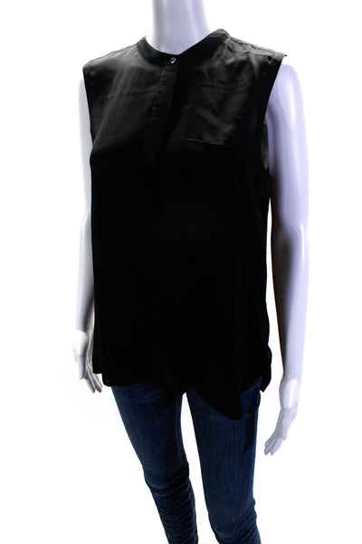 Vince Womens Sleeveless Crew Neck Half Button Boxy Silk Top Black Size Medium