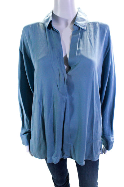Vince Womens Long Sleeve Collared V Neck Side Slit Silk Shirt Blue Size Large