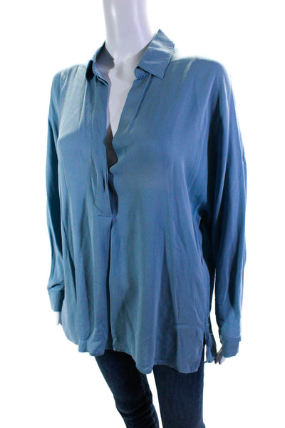 Vince Womens Long Sleeve Collared V Neck Side Slit Silk Shirt Blue Size Large