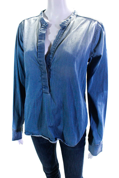 Vince Womens Long Sleeve V Neck Oversized Chambray Shirt Blue Cotton Size 6