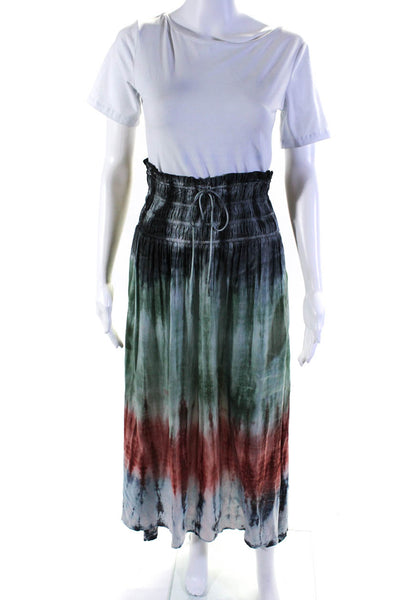 Maria Cher Womens Smocked Waist Satin Maxi Skirt Green Red Gray Size Extra Small