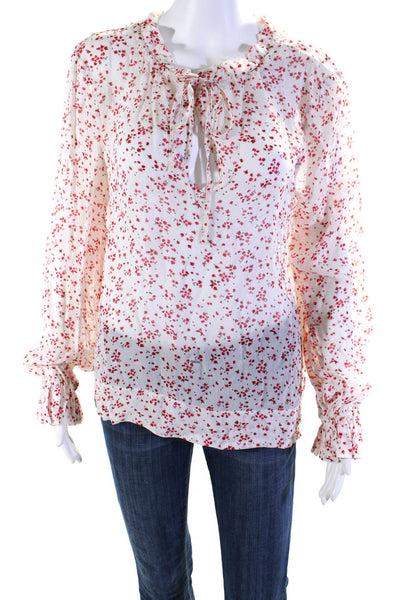 Ganni Womens Floral Sheer Long Sleeved Tied V Neck Blouse White Red Size 40