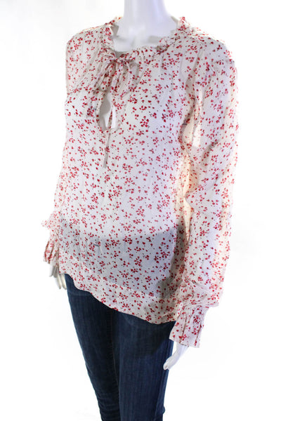 Ganni Womens Floral Sheer Long Sleeved Tied V Neck Blouse White Red Size 40