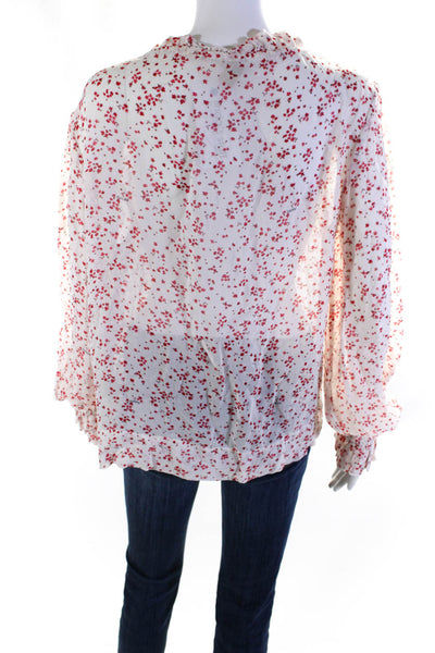 Ganni Womens Floral Sheer Long Sleeved Tied V Neck Blouse White Red Size 40