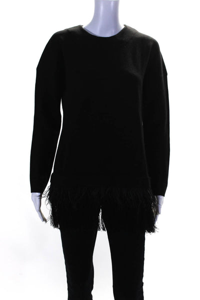 Lela Rose Women's Wool Long Sleeve Feather Fringe Trim Blouse Black Size M