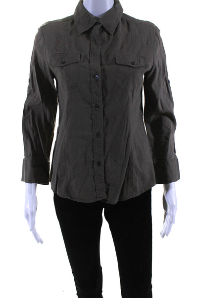 Theory Womens Long Sleeve Button Front Collared Linen Shirt Brown Size Medium
